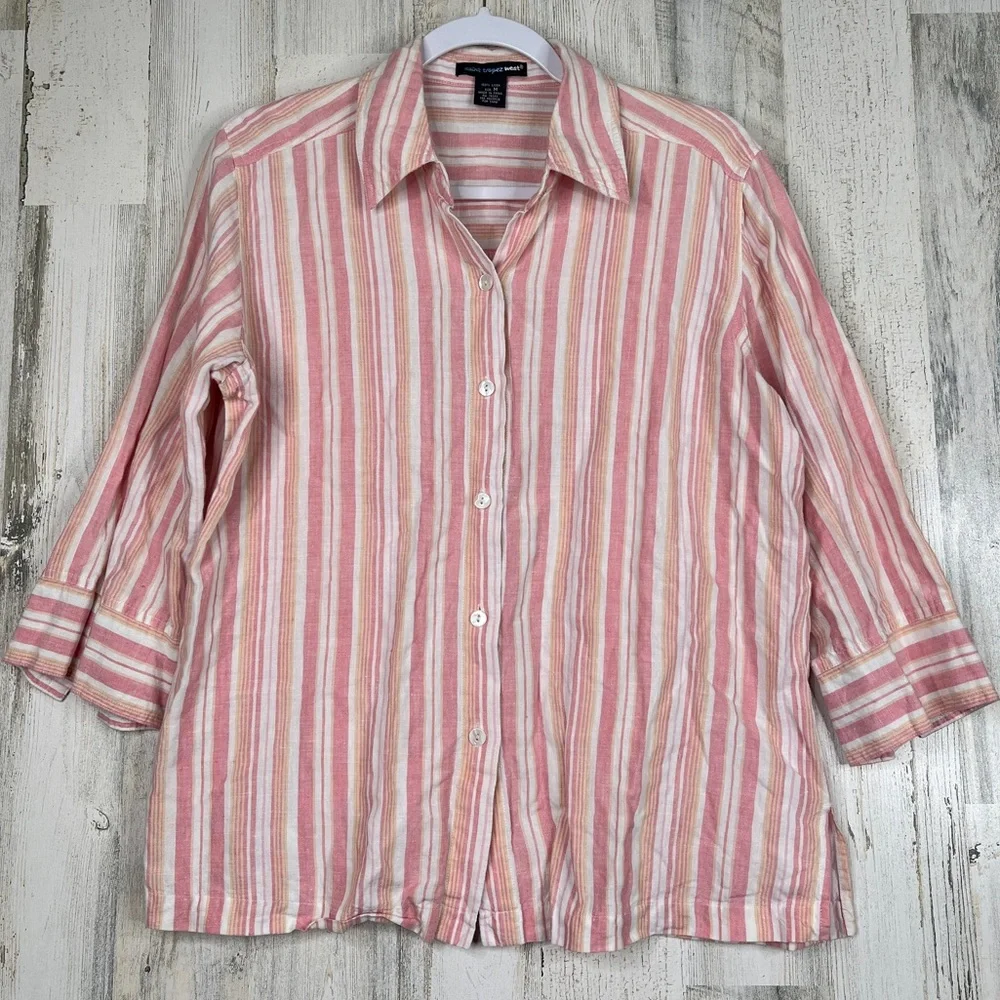 Saint Tropez West 100% Linen Shirt‎ Women's M Pink White Striped Coastal Grandma